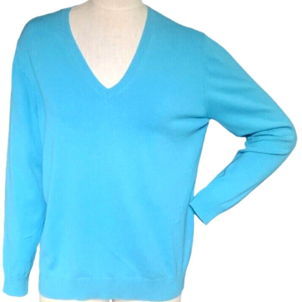 Lands' End Supima Cotton-Blend V-Neck Pullover Sweater L 14/16‎ Blue #129B